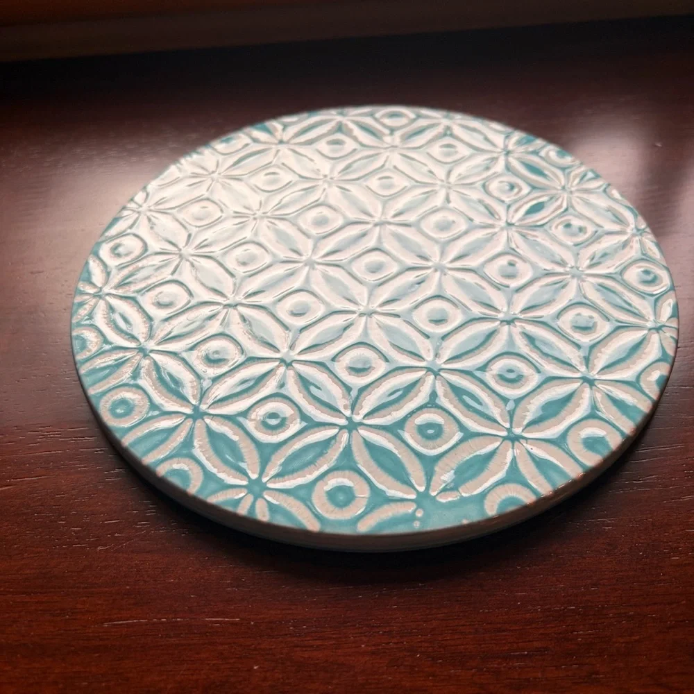 Crate&Barrel New Aqua & White Ceramic Geometric Shapes Trivet 8.25” x 0.26”